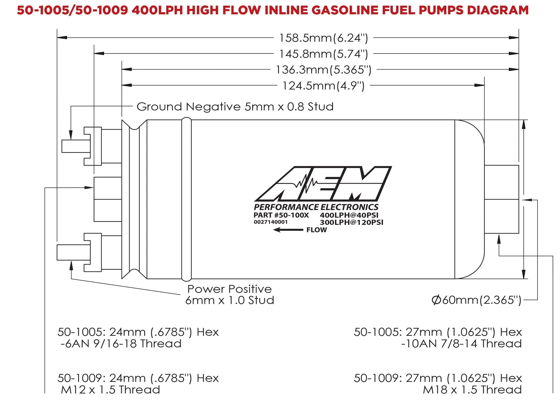 AEM 400LPH (Metric) Inline High Flow Fuel Pump
