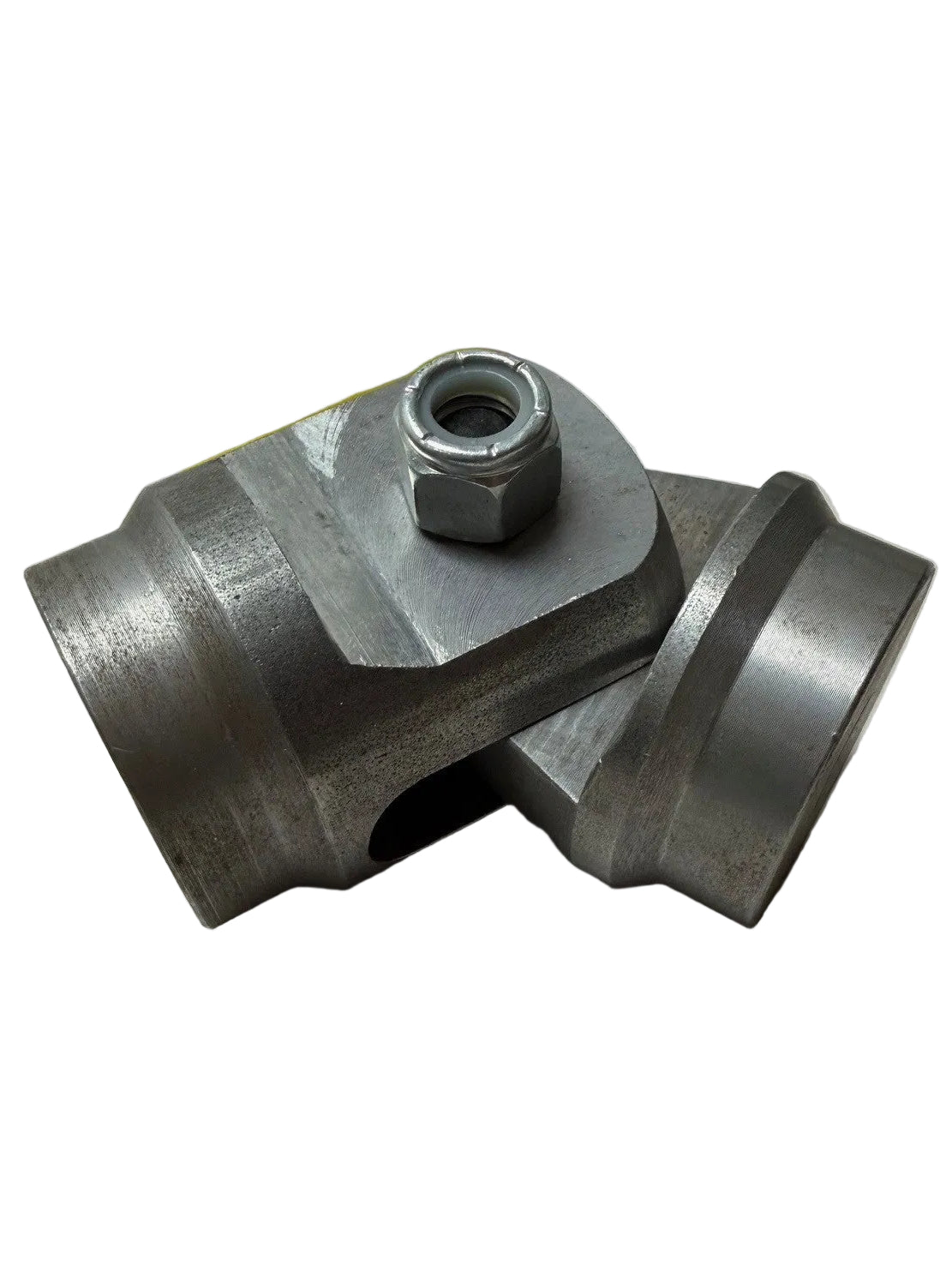 Metal hinge component with cylindrical openings and a hexagonal nut on top, designed for welding.
