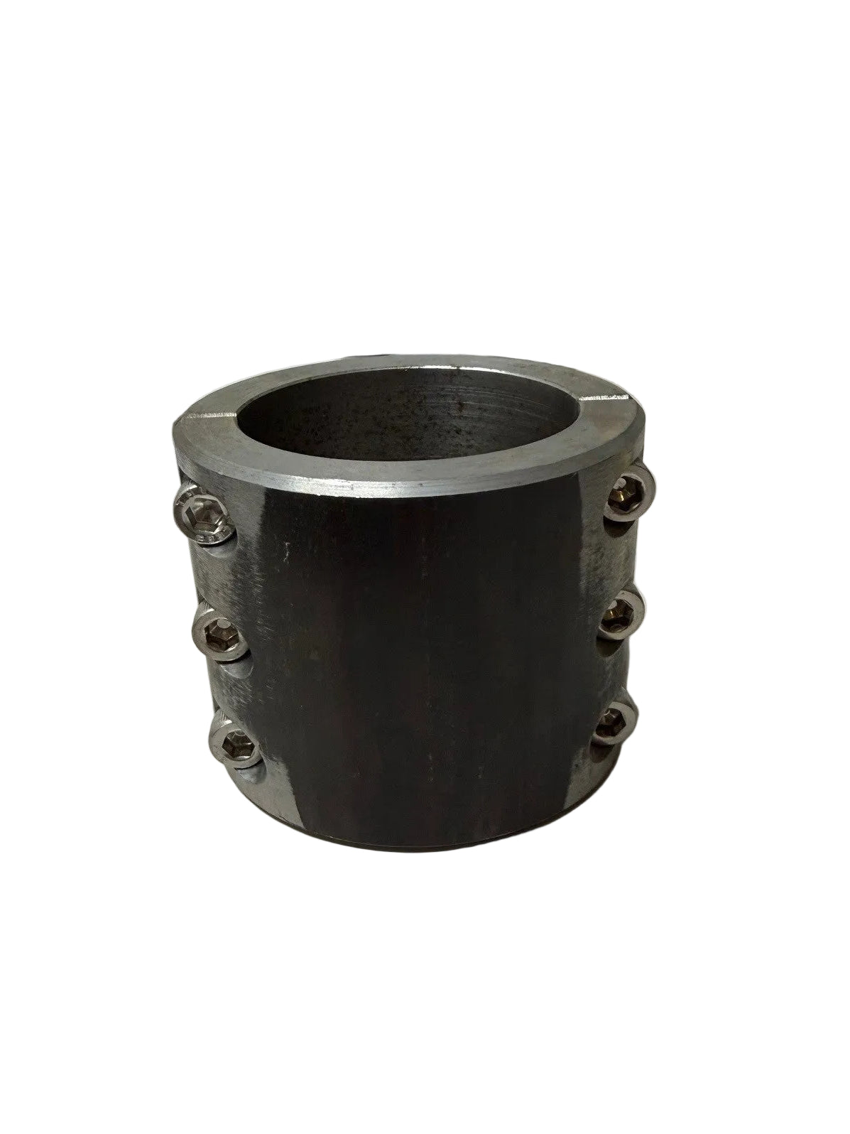 Steel cylindrical clamp with three bolts on each side, designed for pipe or tube fastening.